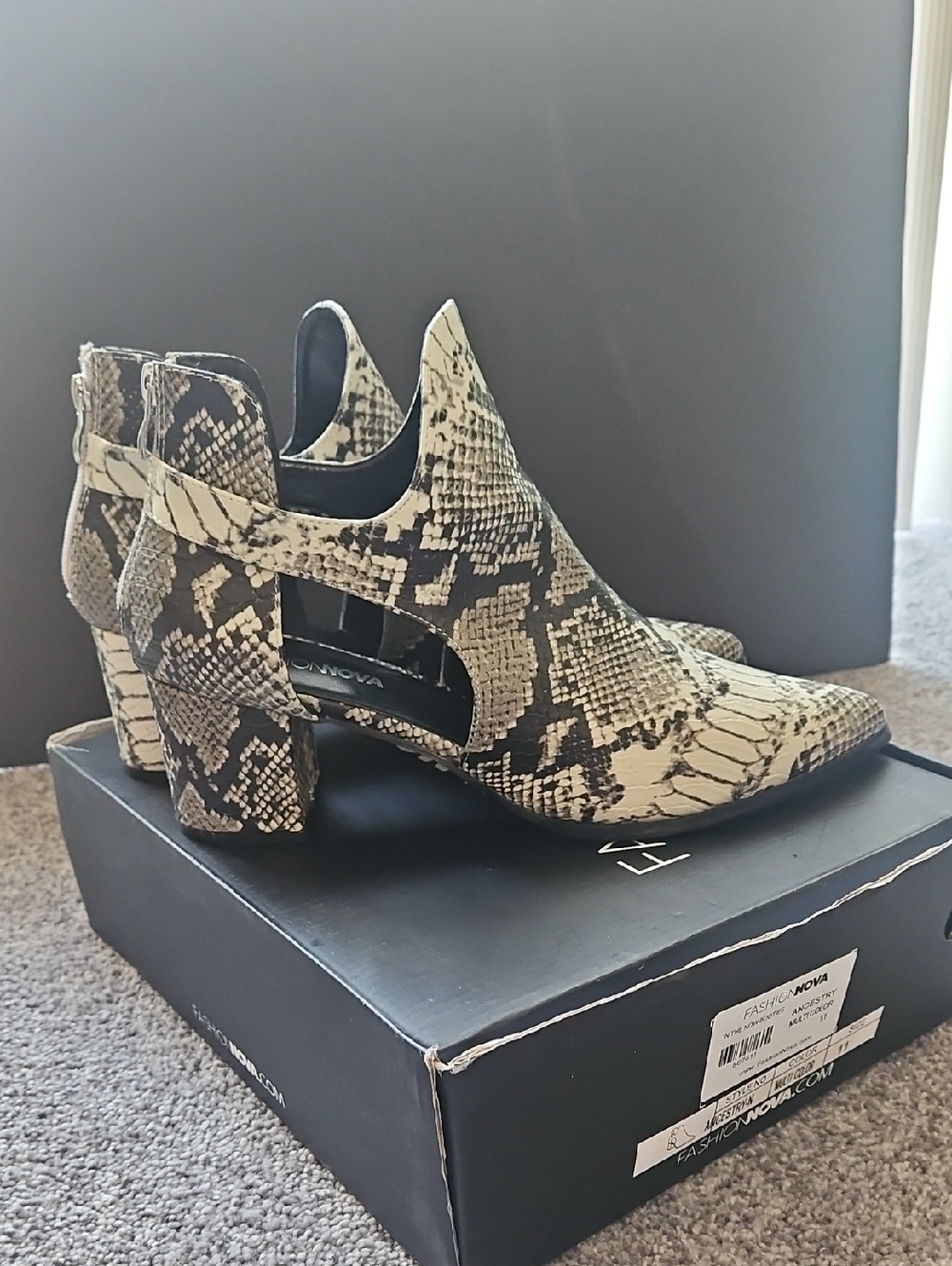 Fashion Nova Snake-Print Cutout Heeled Booties in Beige and Black